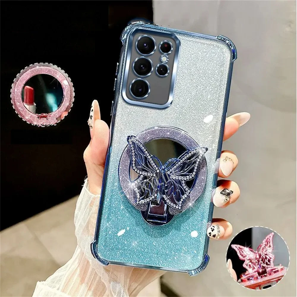 Luxury Plating Butterfly Stand Mirror Phone Case For Samsung S25 S24 S23 S22 Note 20 Ultra Soft Silicone Shockproof Cover