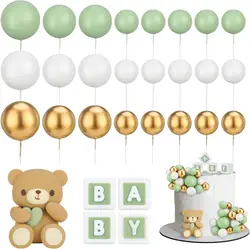 29Pcs Ball Cake Topper Bear Baby Shower Cake Decorations with Cute Bear Blue BABY Letter Blue Gold White Foam Balloon for Kids