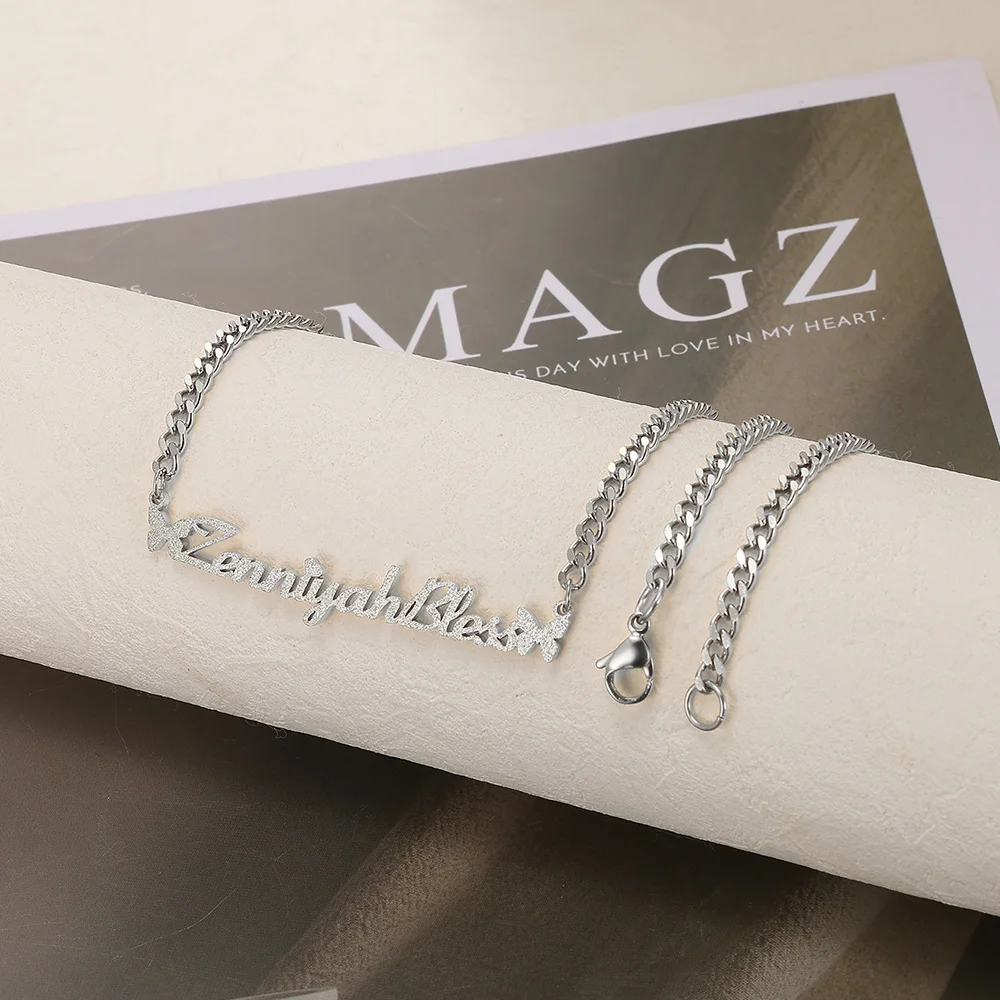 Custom Frosted Name Necklace Stainless Steel Personalized Cuban Chain Butterfly Nameplate Pendant Necklace Women Daily Wearing view 6