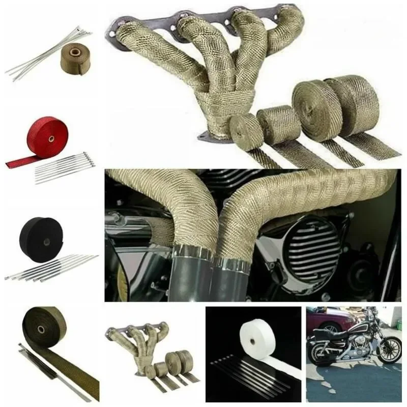 5M Roll Fiberglass Heat Shield Motorcycle Exhaust Thermal Tape Header Pipe Heat Wrap Tape Thermal Protection with Stainless Ties 3