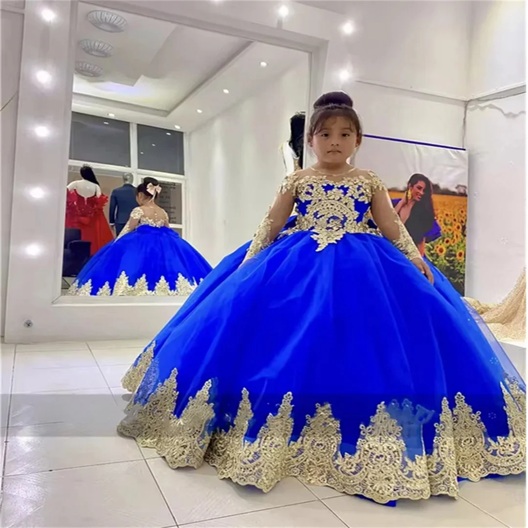 Customized Royal Blue Flower Girl Dresses For Wedding Puffy Gold Appliques With Bow Elegant Kids First Communion Festive Gown