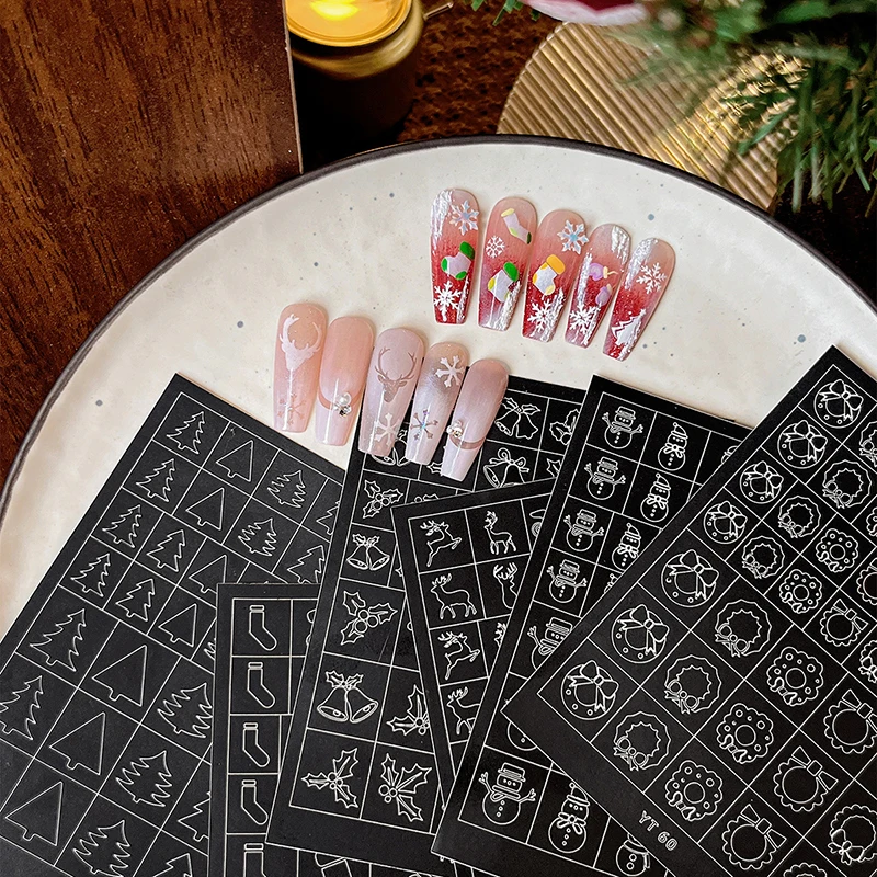 Christmas Themed Airbrush Stencil For Nails Christmas Tree Snowman Bell Elk Pattern Hollow Nail Sticker Templates