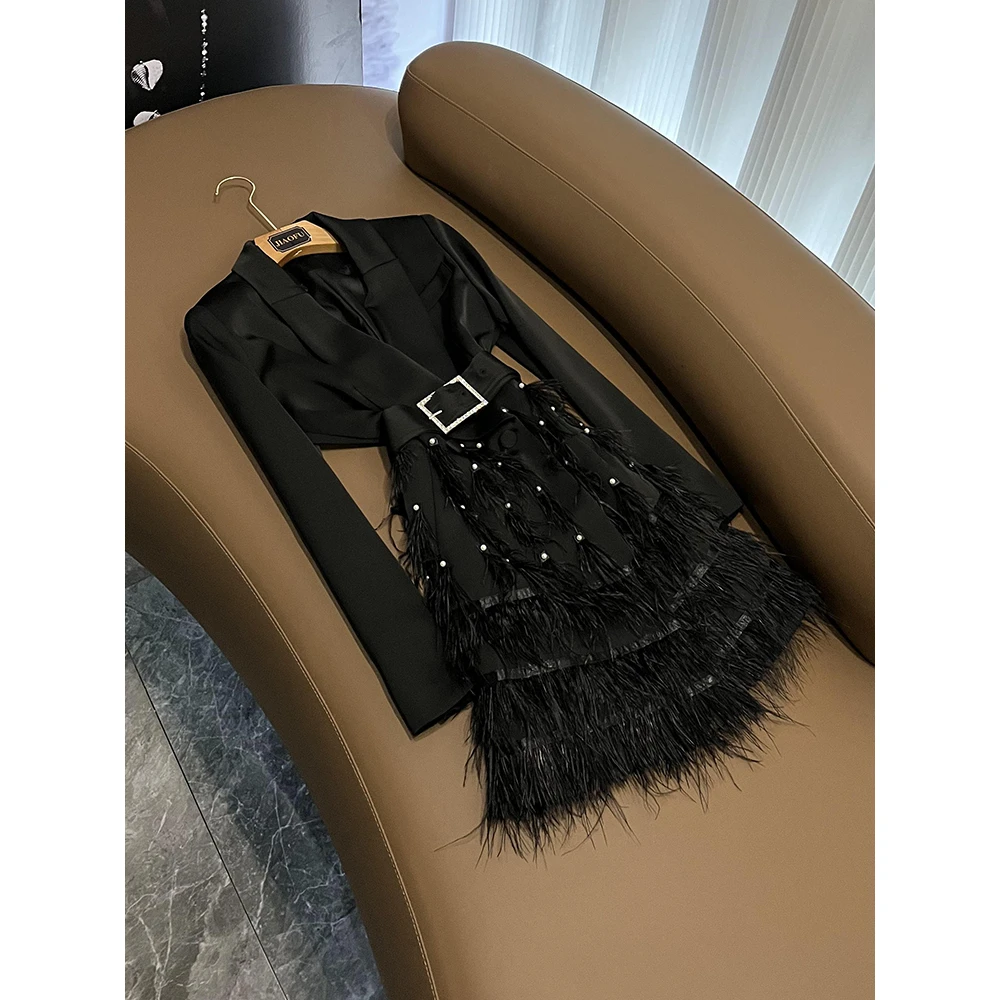 

Evening Dress Women's Banquet Annual Party Birthday Pearls Office Leather Blazer Belted Notched Dress Dress Black