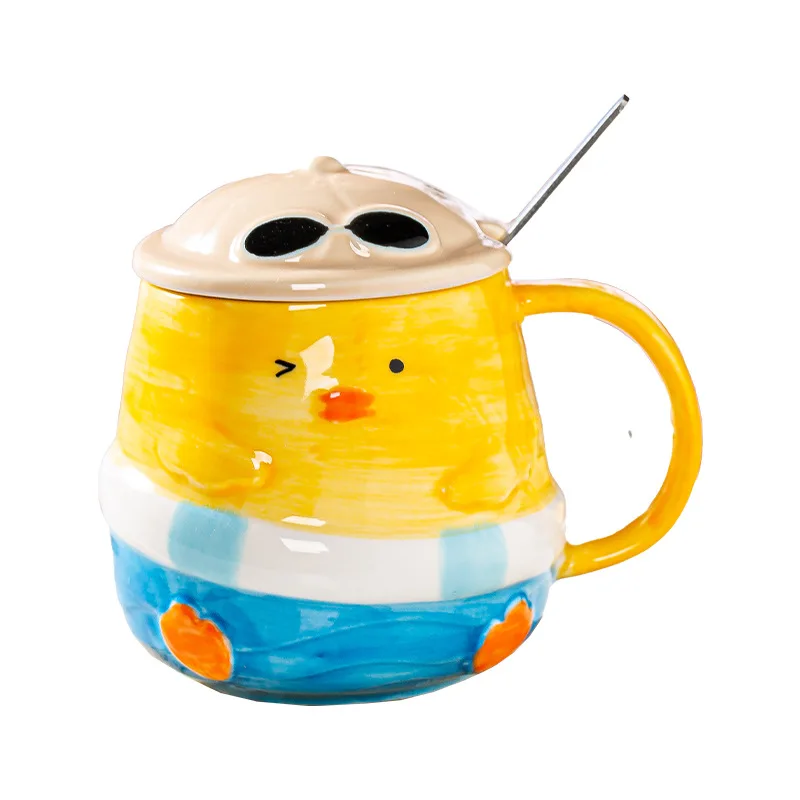 Japanese Cartoon Duckling Ceramic Mug Cute Household Breakfast Mugs Office Coffee Cup with Lid Couple Water Cups Drinkwar