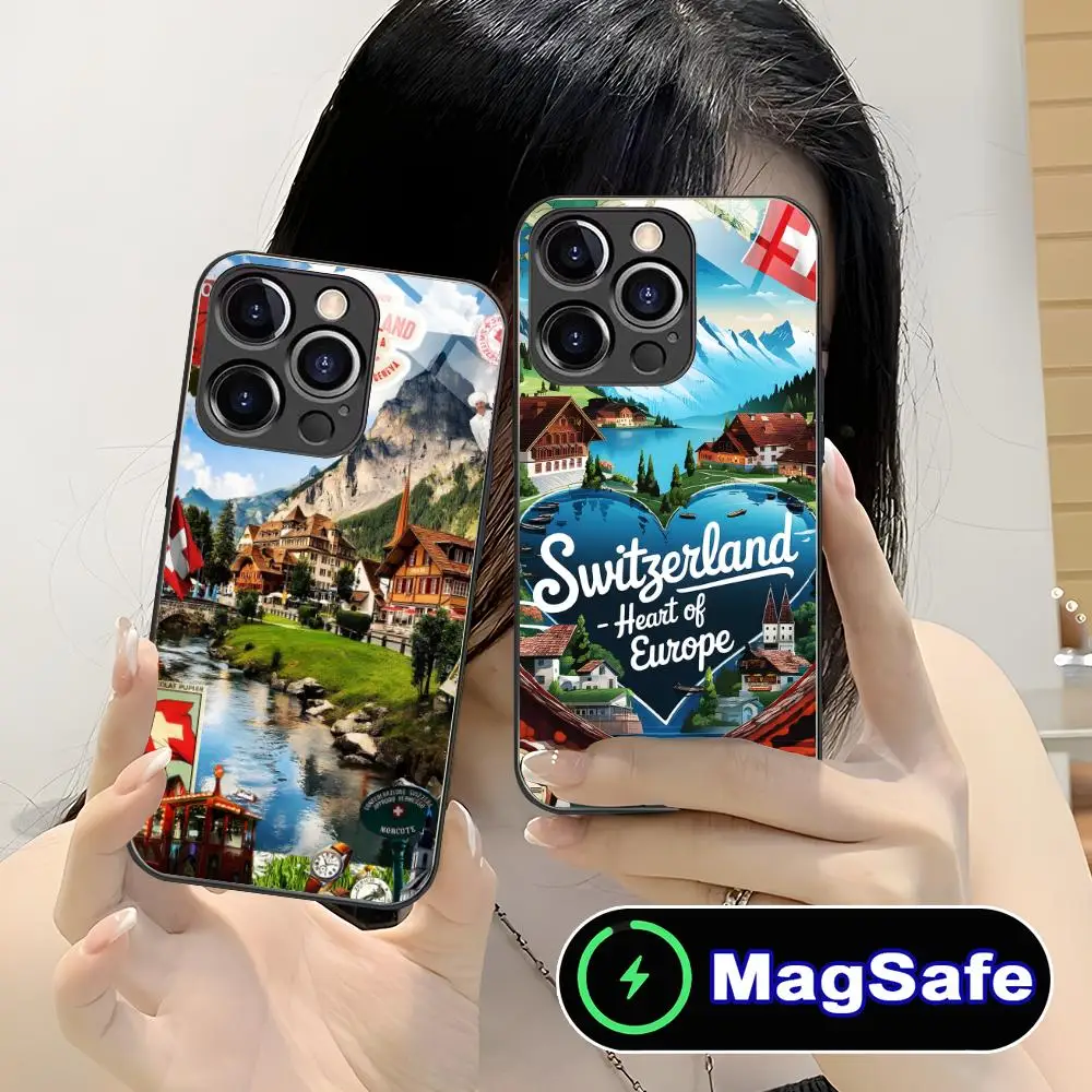 Switzerland Flag Mobile Phone Case for iPhone 17 16 15 14 13 12 11 Air Pro Max Plus Mini MagSafe Glass Colorful Cover Smartphone