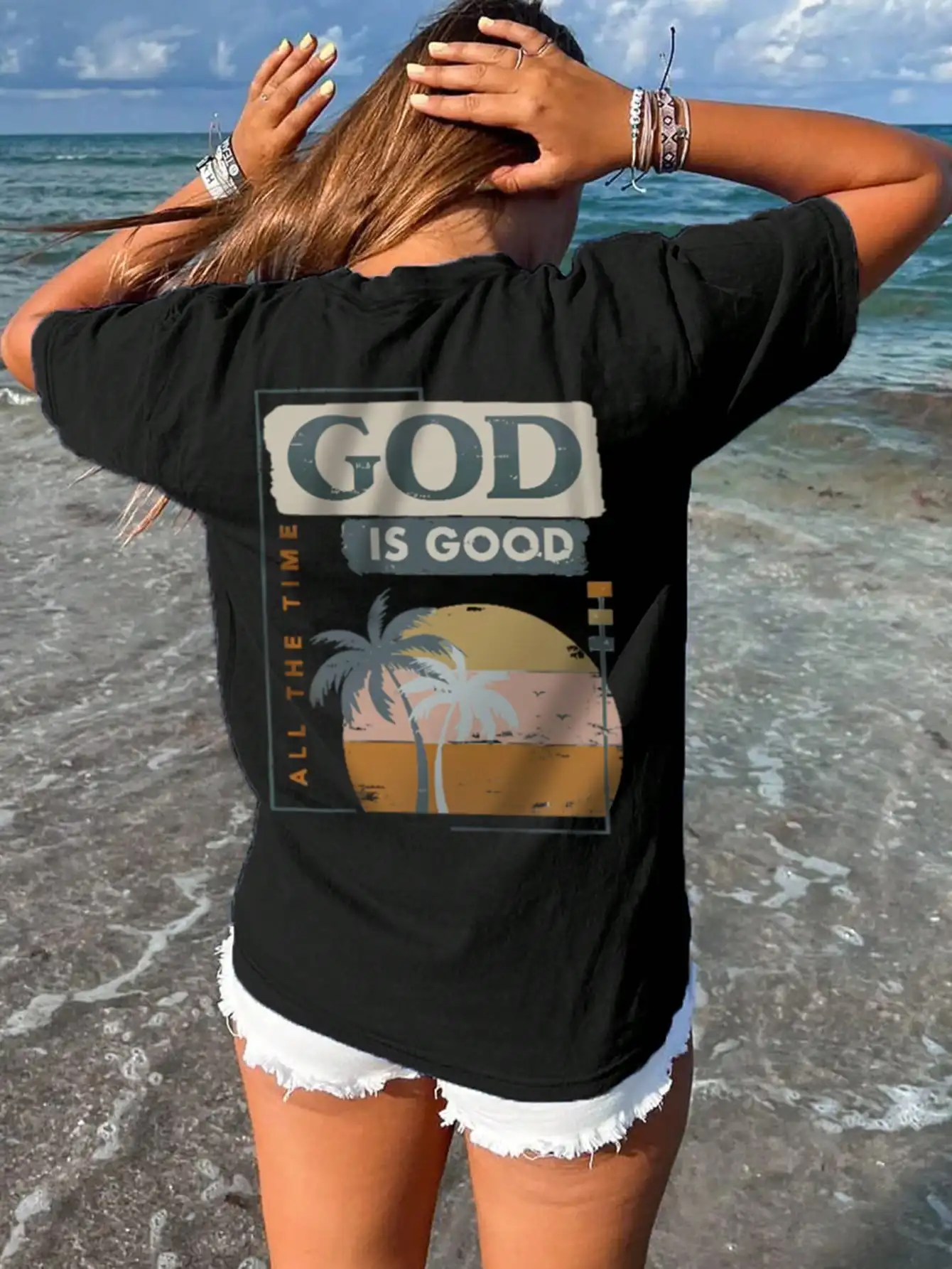 Women's Summer New Coconut Tree & Sunset Slogan Print Casual T-Shirt, Versatile Daily Casual Vacation Style Black