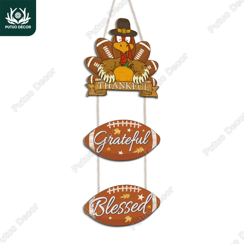 Putuo Decor-Rugby Ball Shape Wooden Door Decoration, Suitable for Families Farmhouse and Living Room, Thanksgiving Gift, 3 Pcs