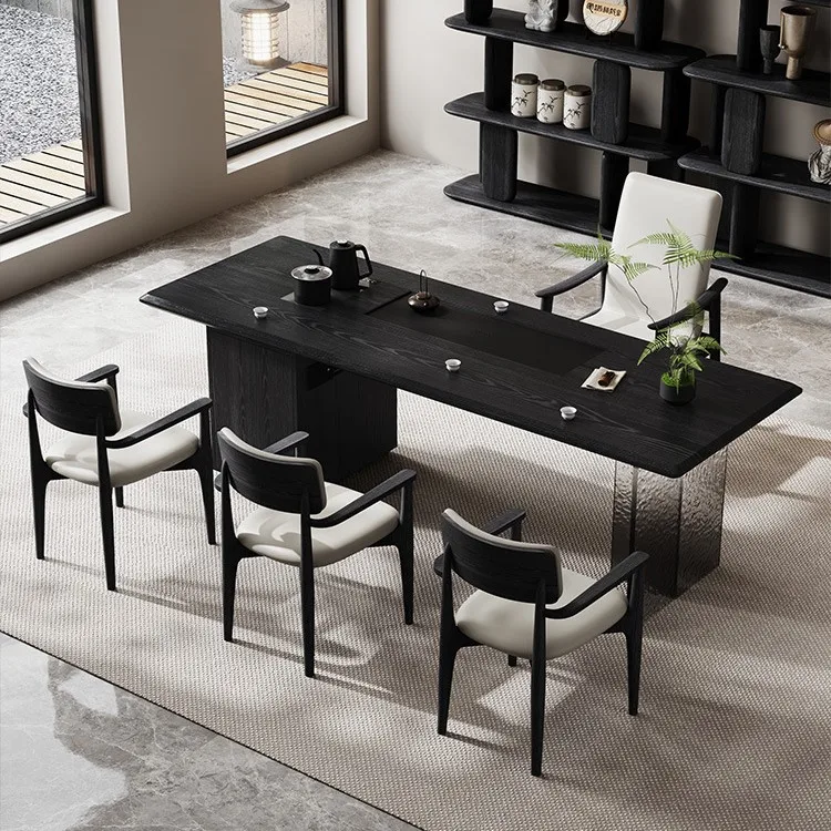 

Tea table high-end black simple household living room solid wood tea table chair