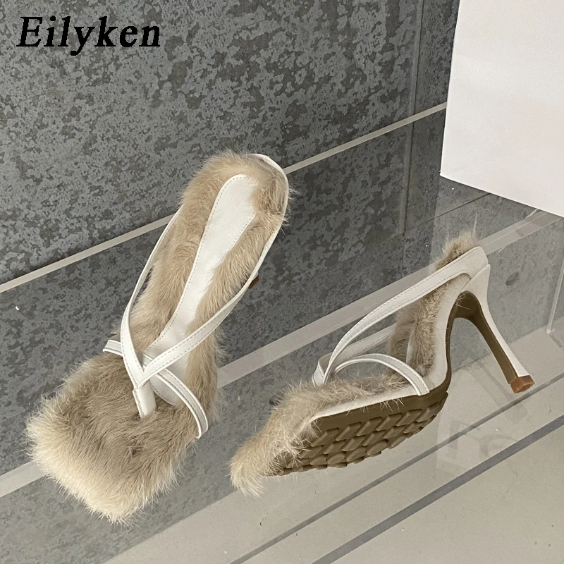 Eilyken 2024 Designer Faux Fur Feather Square Clip Toe Women Slippers Summer Shallow High Heels Flip Flops Slide Shoes