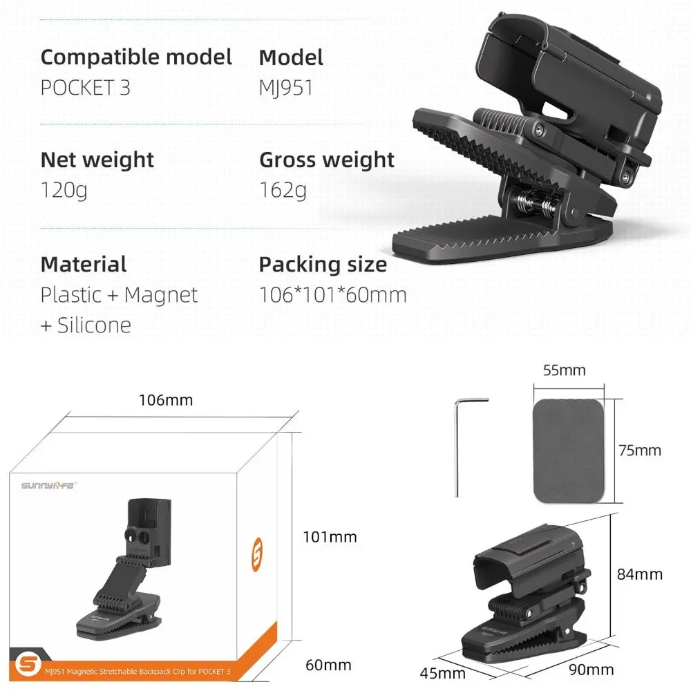 Clip magnetica per montaggio su zaino Morsetto per clip per zaino pieghevole estensibile Staffa magnetica da parete girevole a 360 gradi per DJI Osmo Pocket 3