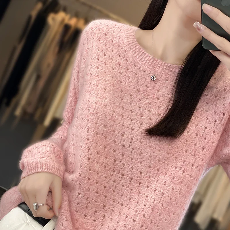 MOONYUEFA-Merino Cashmere Sweater for Women, Long Sleeve Top, O-Neck Pullover, Hollow, Warm, Autumn, Winter, 100%