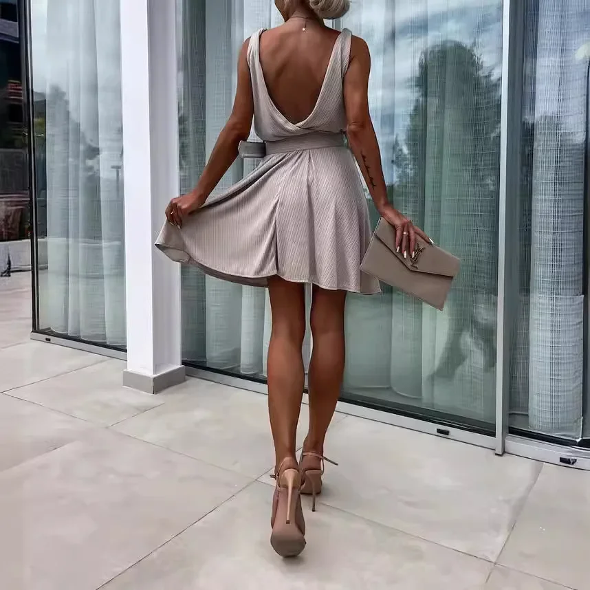 여성용 용수철 원피스 스커트, 단색 백리스 주름 가장자리, V넥 민소매 캐주얼, 섹시한 패션, 편안한 정사이즈 핏, 여름