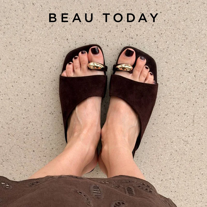 BEAUTODAY Elegant Slippers Women Sheepskin Suede Leather Solid Color Square Toe Ladies Outdoor Shoes Handmade 35141