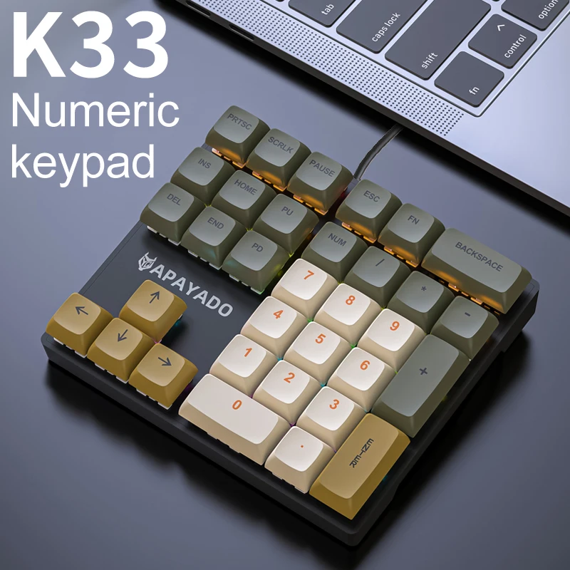 K33 RGB Backlit Mechanical Number Keyboard APAYADO 33-Key Keyboard Blue/Red Switch Hot Swap Separable Cable Portable for Office
