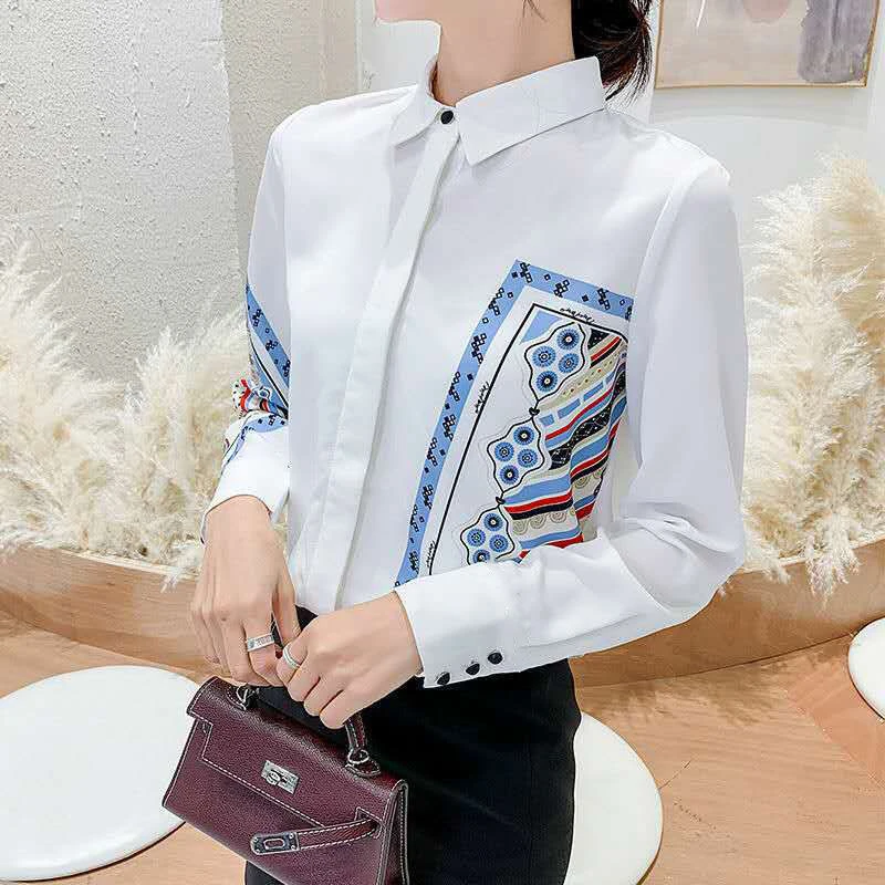 Spring Autumn Women\'s Chiffon Lantern Long Sleeve Turn-down Collar Button Geometric Printing Cardigan Shirt Casual Elegant Tops