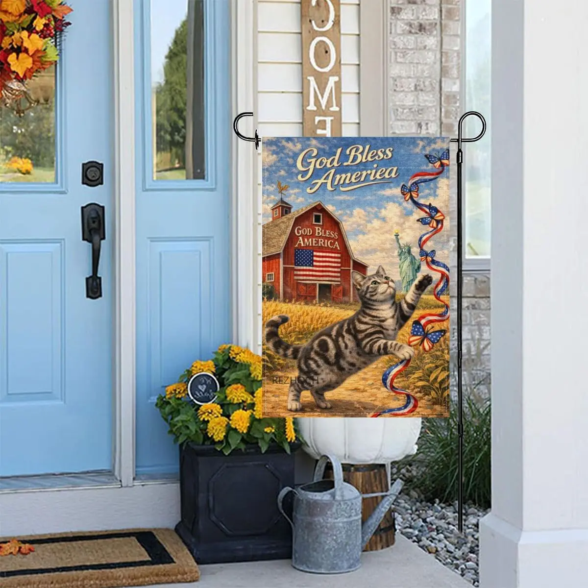 Fun American Shorthair Cat God Bless America Garden Flag 12x18 Inch,Patriotic Animal USA Flags,4th of July Home Outdoor Deco AAS