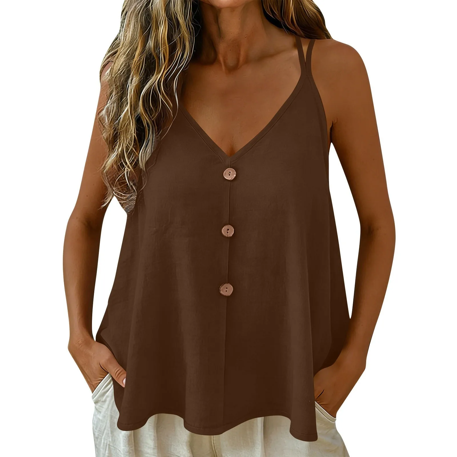 Summer Tank Top Adjustable Straps Camisole V Neck Button Front Sleeveless Top Lightweight Fabric Navy Blue Vest Mid Hip Length