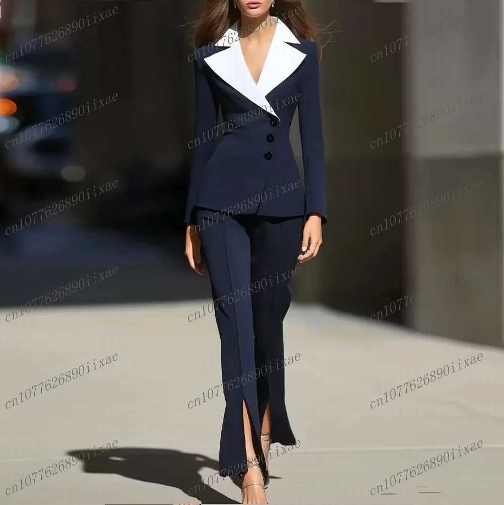 

White Collar Navy Blue Women Suits Lady Business Office Tuxedos Mother Wedding Party Formal Ladies 2 Piece Set Jacket Pants