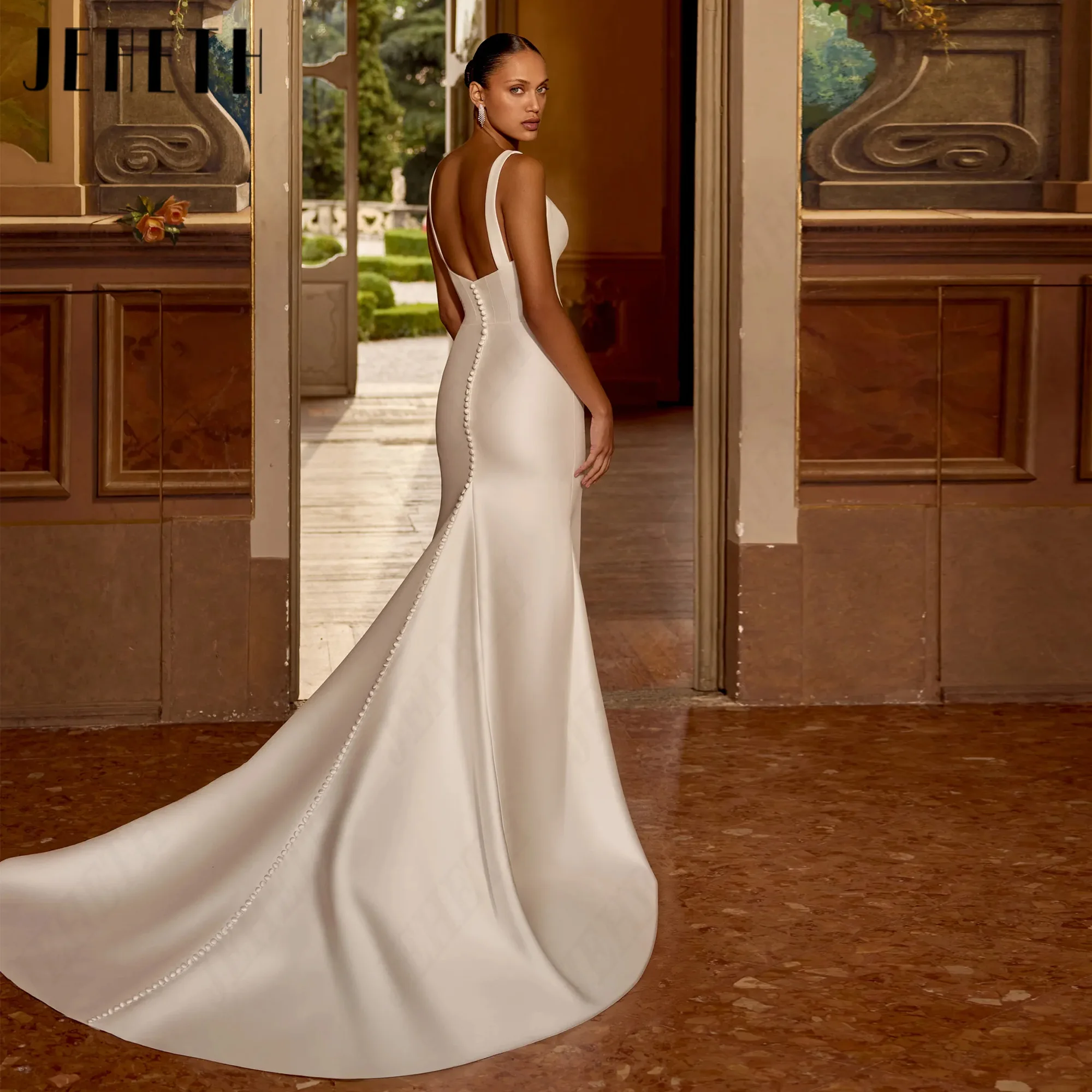 JEHETH Satin Sleeveless 2027 Bride Dress Mermaid Custom Made Elegant Vestido De Novia Big Bowknot Backless Wedding Dresses
