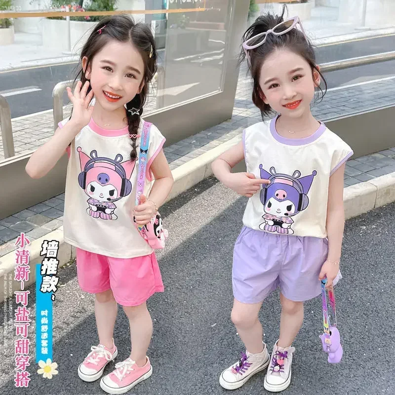 Sanurgente-T-shirt à manches courtes pour enfants, Hello Kitty, haut de dessin animé Kuromi, robe de sport, costume d'objectifs pour filles, bébé, sans manches, été