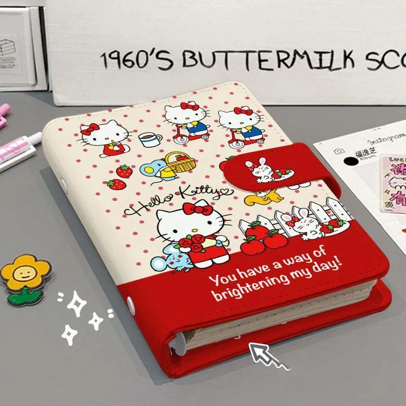 Carnet à feuilles mobiles Sanrio sous licence Hello Kitty, en cuir PU, journal intime Kawaii, carnet de notes de dessin animé, papeterie pour étudiants