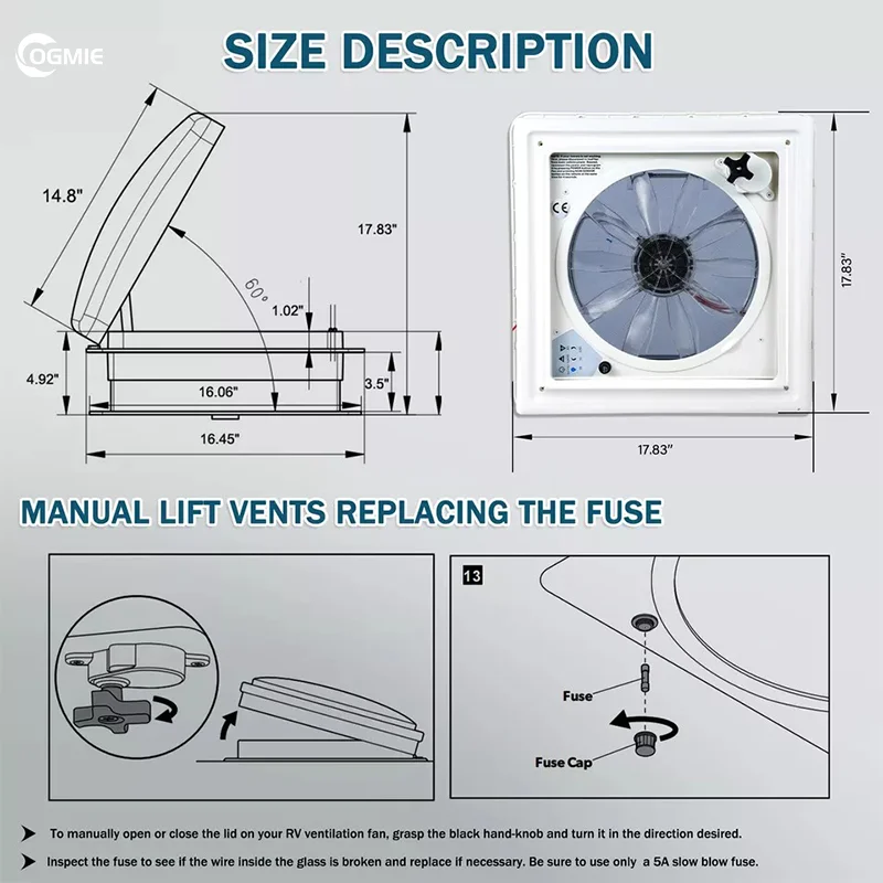 OGMIE Hot Sale 400*400mm RV Roof Hatch Skylight Manual Operation Motorhome Accessories Car Windows