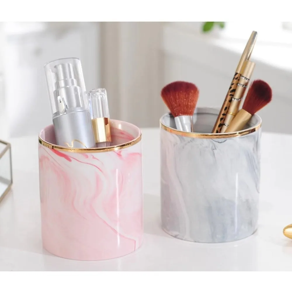 Marble Ceramic Pen Holder European Style Non Slip Stationery Holder Smooth Finish Golden Pink Makeup Brush Holder