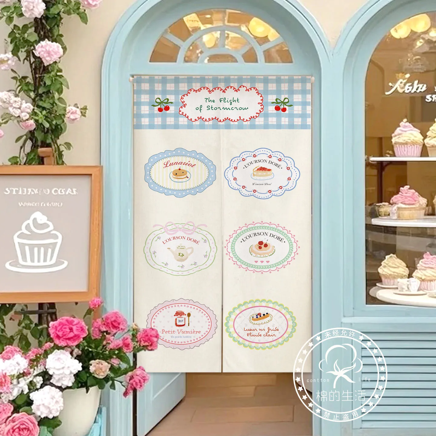 VIKAMA Dessert Cake Label Noren Door Curtain Cute Baking Print Hanging Curtain Cafe Kitchen Entrance Partition Decor Curtain