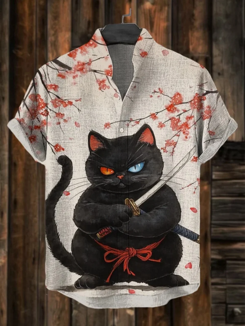 

Men's Retro Black Cat Printed Button Up Shirt, Fashionable Stand Up Collar, Hawaiian Casual Vacation Clothing, Summer