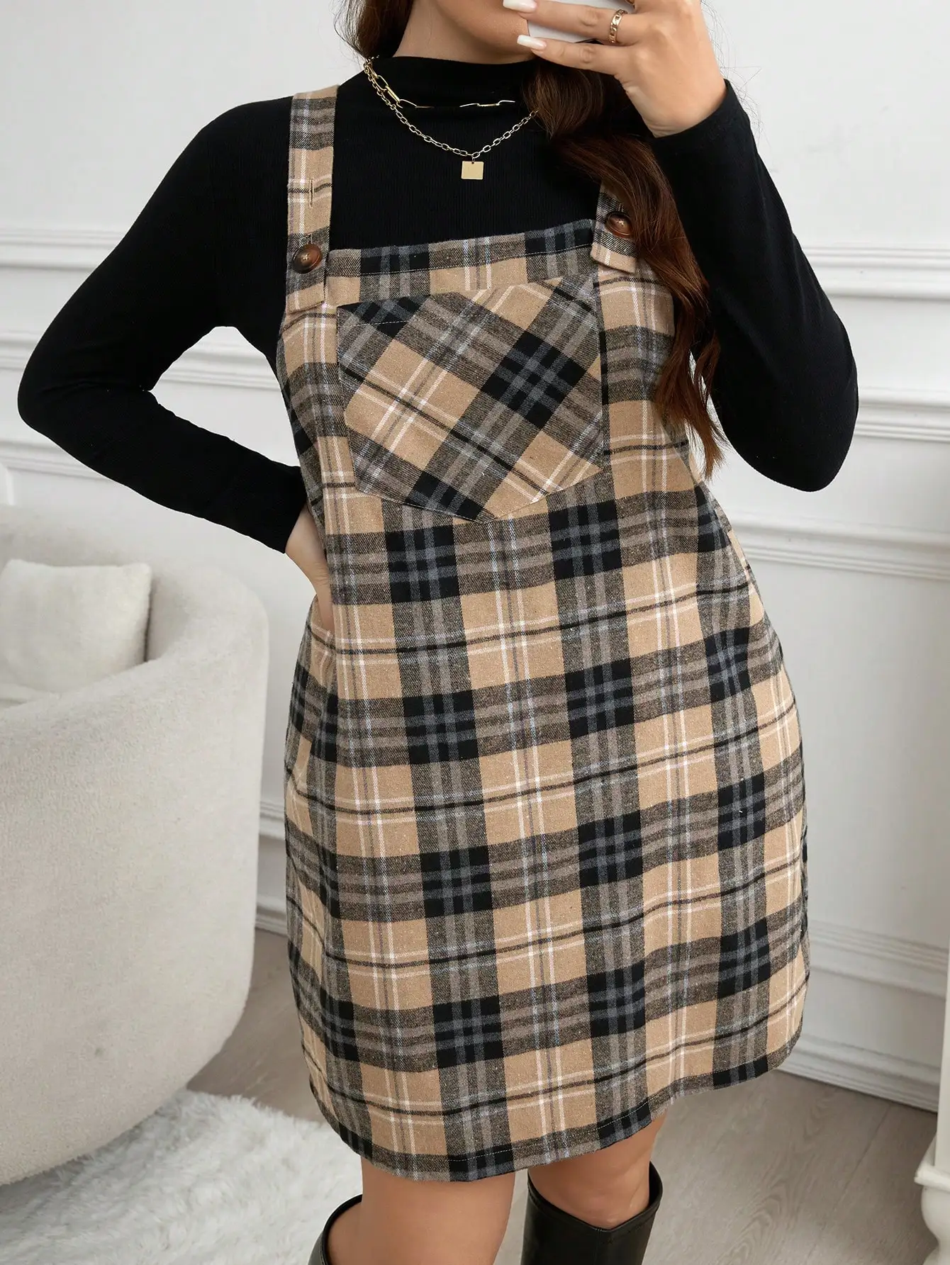 Grande taille sangle ample bouton poche Plaid décontracté Mini robe grande taille automne vêtements robes pour les femmes