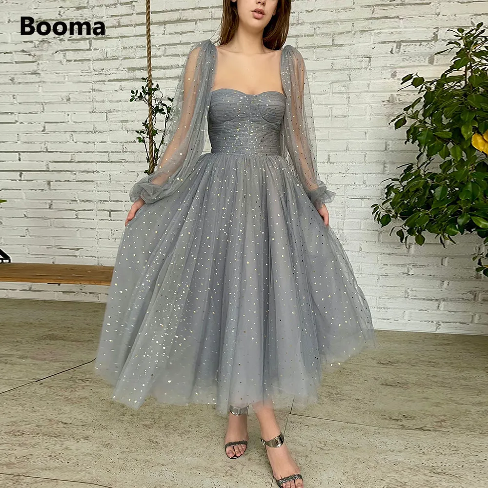 

Booma Glitter Starry Tulle Midi Prom Dresses Sweetheart Long Sleeves Formal Evening Dresses Tea-Length A-Line Party Gowns