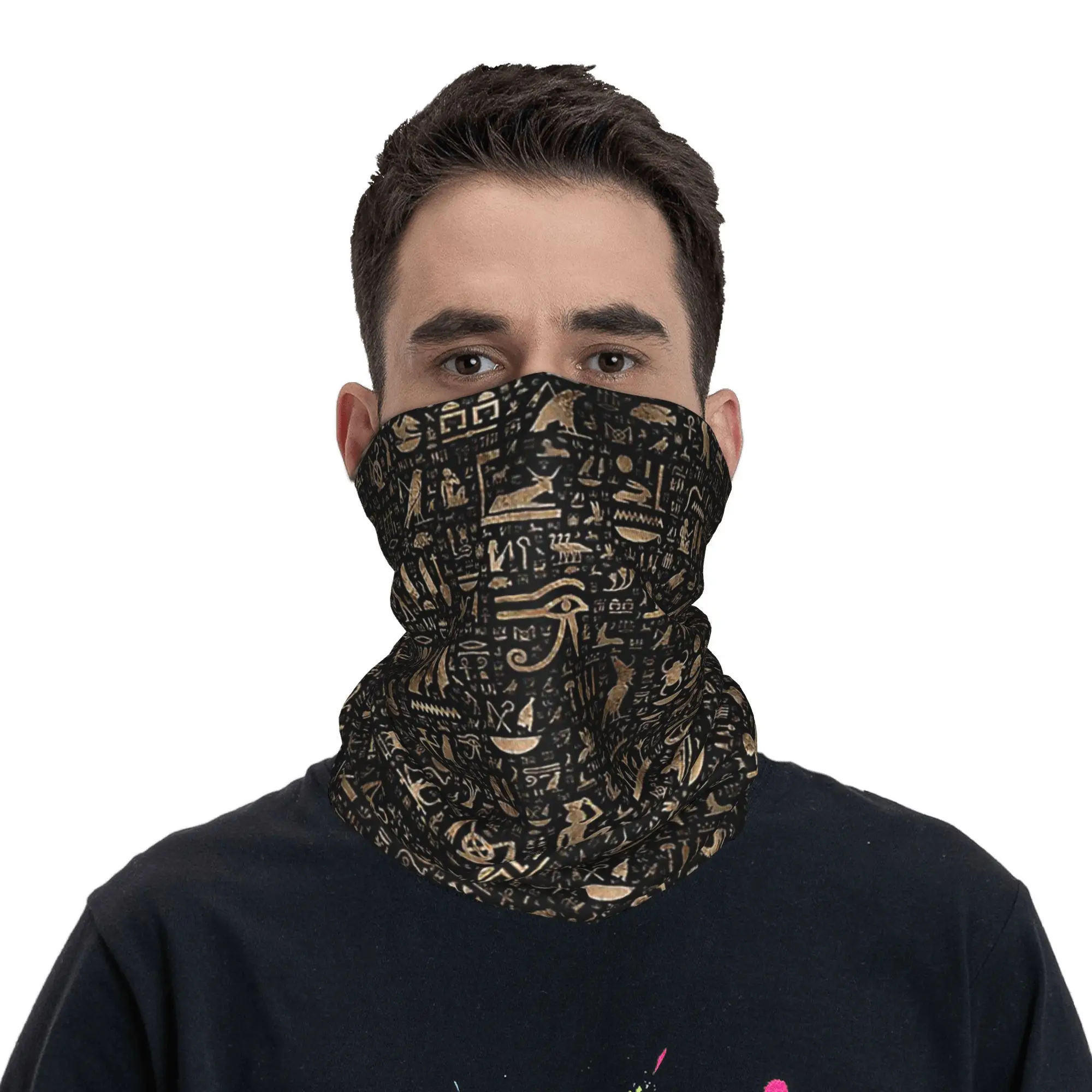 Ancient Egyptian hieroglyphs Black and gold Bandana Neck Gaiter Printed Mask Scarf Warm Headwear Hiking Fishing For Men Women