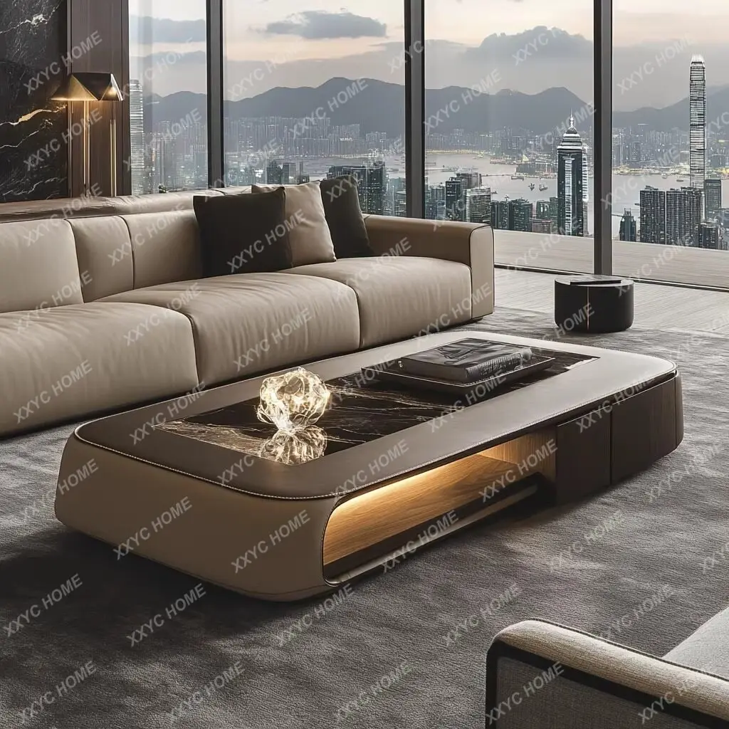 Natural marble luminous coffee table modern creative high-end atmosphere luxury villa living room light luxury long coffee table