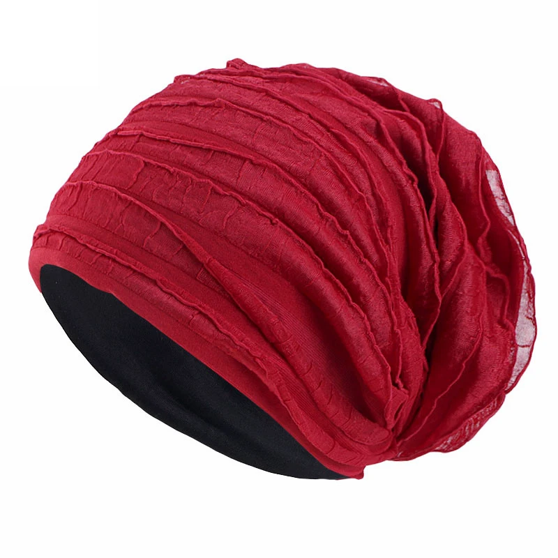 Slouchy Baggy Turban Hat Pleated Ruffle Stretch Soft Hair Loss Headscarf Women Muslim Hijab Beanies Bonnet Chemo Cap Nightcap