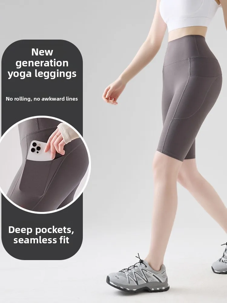 กางเกงโยคะผ้าไหมน้ำแข็งบางเบา รุ่นใหม่ ปี 2025 ทรงห้าส่วน เอวสูง ดีไซน์เก๋ สำหรับผู้หญิง เหมาะสำหรับใส่ออกกำลังกายกลางแจ้งในฤดูร้อน