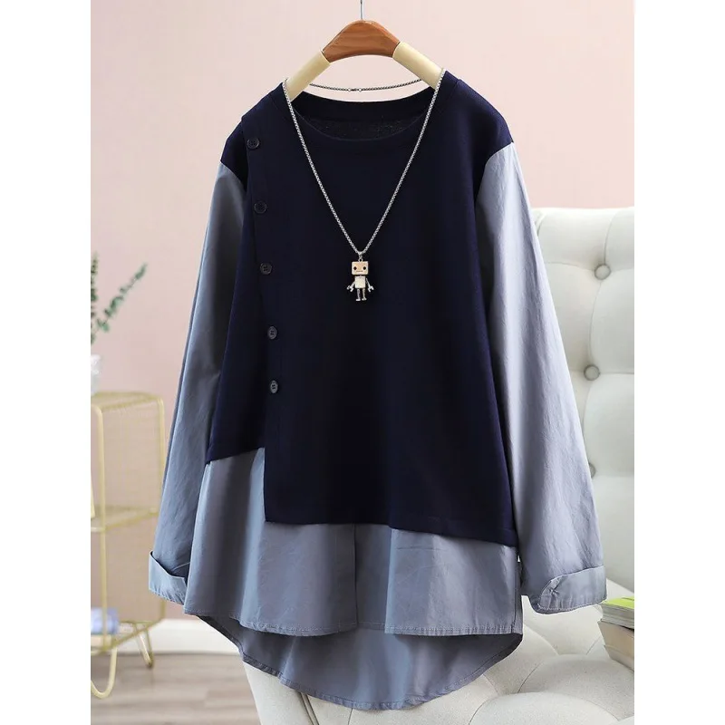 Spring and Autumn Long Sleeve Loose Meat Covering Fake Two Piece Splicing Casual Western Style Shirt Top for Women