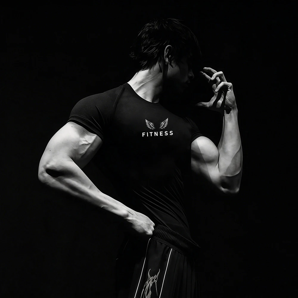 Men's Fitness Quick Dry T-Shirt With Wings And Word Print Elastic And Breathable Suitable For Training Cycling And Casual Wear