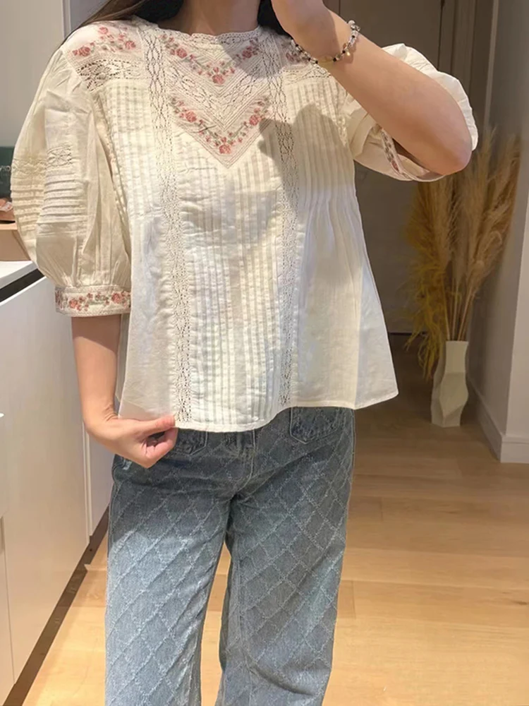

French Style Embroidered Heavy Work Lace Bubble Sleeve Overhead Cotton Top Women's Loose Fit Shirt Seven Sleeve round Neck