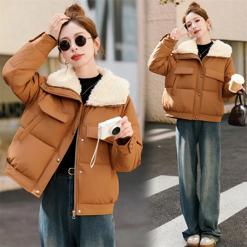 Fashion Stitching Lamb Wool Lapel Thicke Warm Cotton Padded Jacket Women Parkas 2026 New Winter Coat Female Outerwear Overcoat