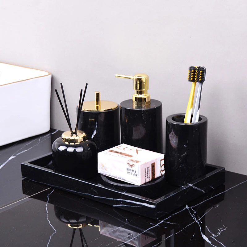 Black Nero Marquina Natural Marble Bathroom Accessories Luxury Tissue Box Tray Cotton Swab Container Soap Dispenser Bathroom Set