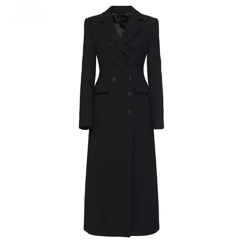 

Fashion Black X-long Blazer Women's Lapel Slim Fit Double Breasted Full Sleeves Suit Jacket Autumn LI5L