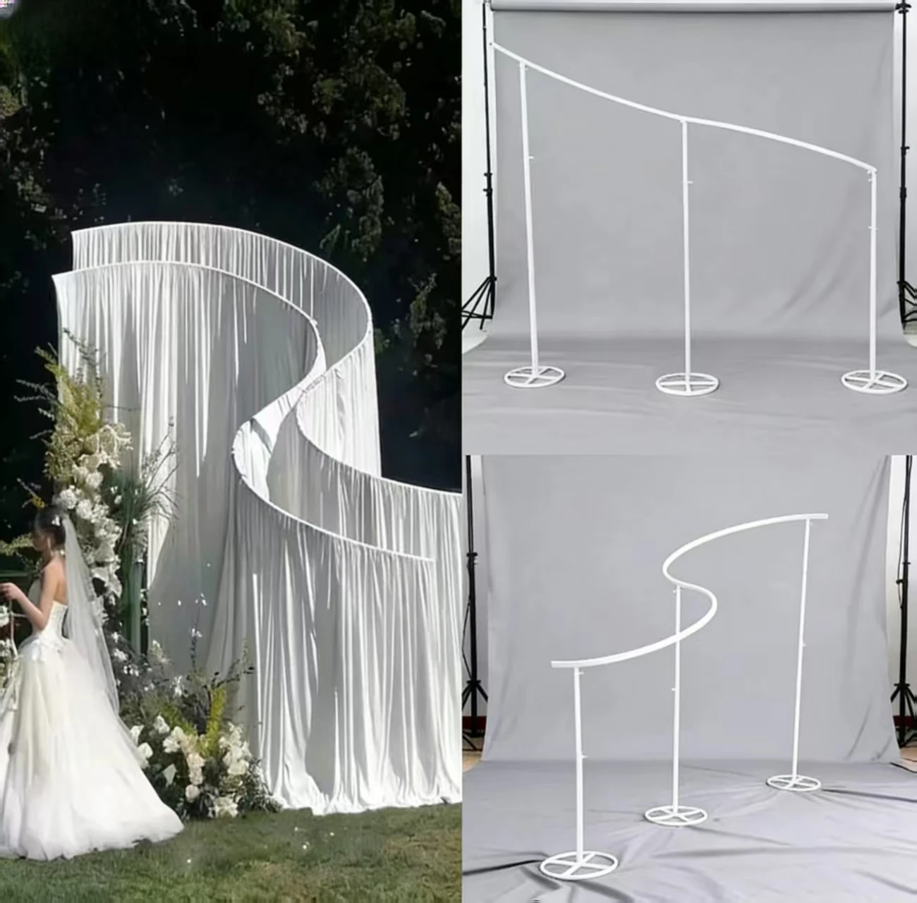 Arco de lujo en forma de S para bodas, soporte curvo para flores, marco de bienvenida para escenario, accesorios para colgar cortinas de cristal, fajas y encajes.