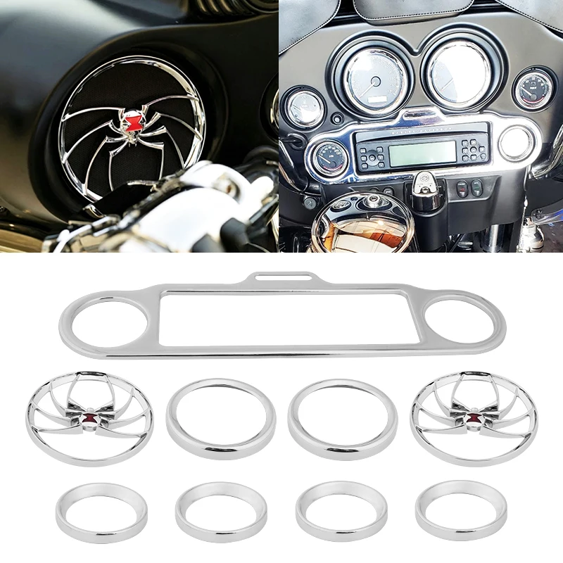 9PCS Chrome Spider Speaker Grill Radio Gauge Trim Ring Set for Harley Touring Electra Road Street Glide Road King 1996-2013