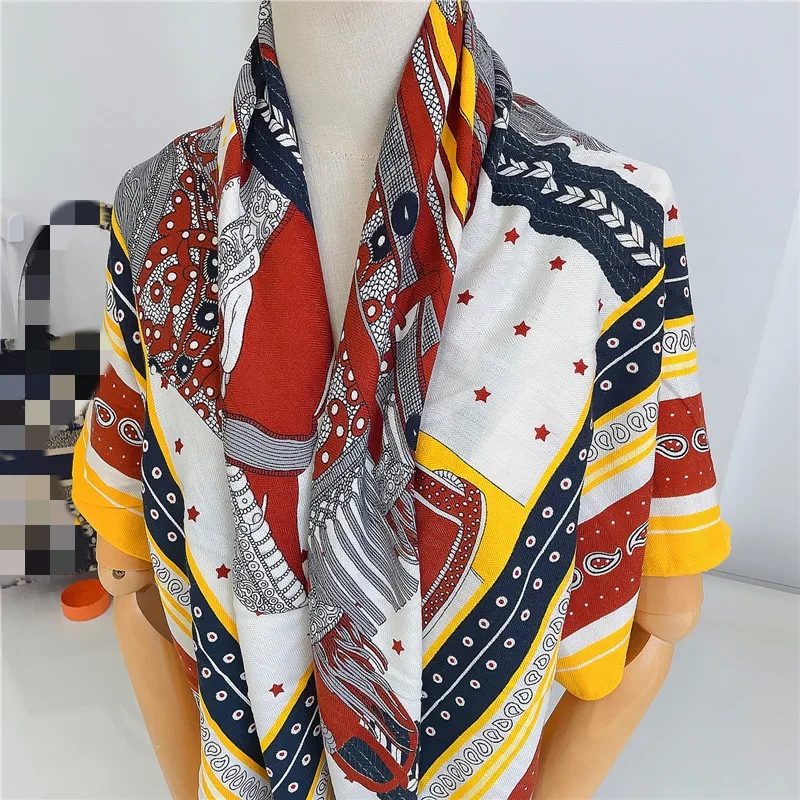 135cm Luxury Winter Silk Cashmere Scarf Women Saddle Print Manual Hand Rolled Shawls Warm Square Scarves Wraps Pashmina Bandana