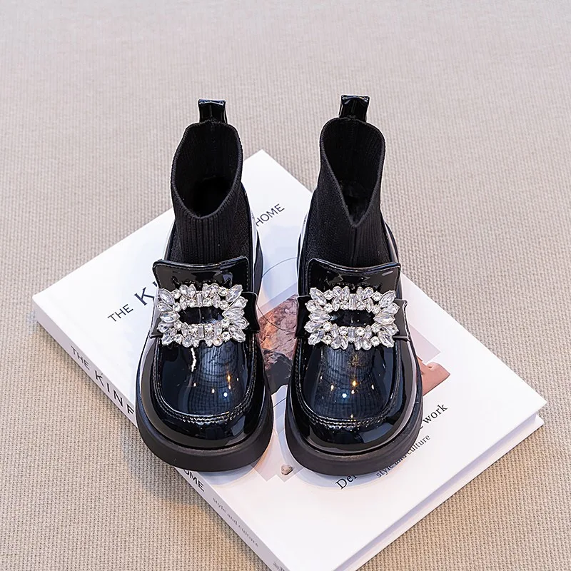 

Kids'Casual Shoes Ankle Boots PU Leather Crystal Winter Shoes For Girls Anti-slip Warm Thick Bottom Black Shoes Size 26-36