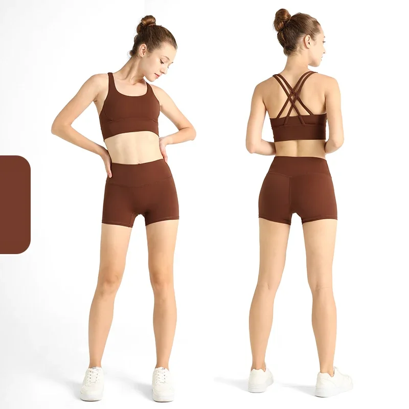 Women's 2 Pieces Yoga Gym Sets High Elastic Cross Beautiful Back Sport Bra High Waist Hip Lift Yoga Shorts Running Sportswear