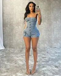 Women Casual Sleeveless Elastic Denim Jumpsuits Female Fashion Off Shoulder One Piece Overall Sexy Denim Jean Short Jumpsuit