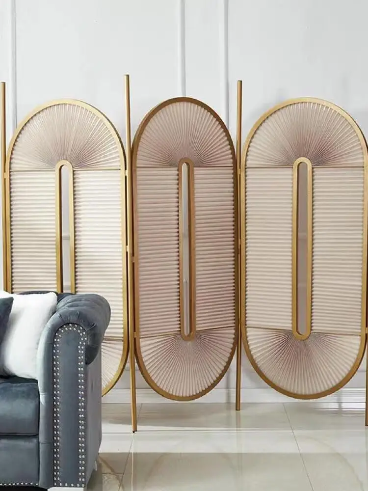 Light luxury pleated cloth screen partition modern simple living room fan folding metal mobile entrance screen decoration