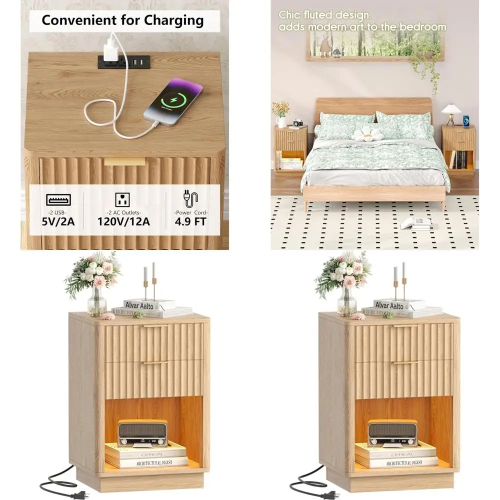 

LED-Illuminated Charging Nightstand, 15.7 Wide, 2 Drawers, Natural Oak Wood Bedside Table