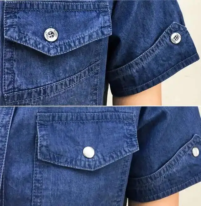 #0118 2025 Summer Cotton Denim Shirt Women Short Sleeve Slim Fit Preppy Style Casual Jeans Shirt Ladies Basic Blouse Shirt Slim